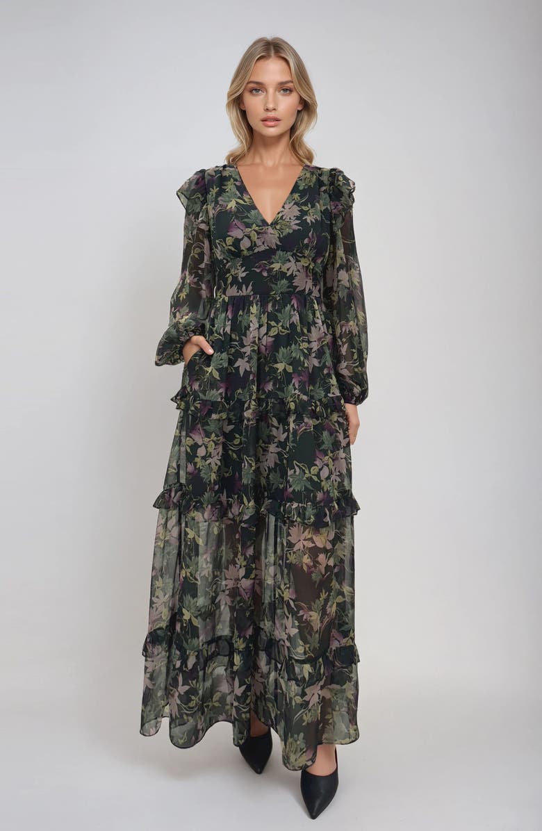 MELLODAY Print Ruffle Long Sleeve Chiffon Maxi Dress, Alternate, color, Hunter Green Floral