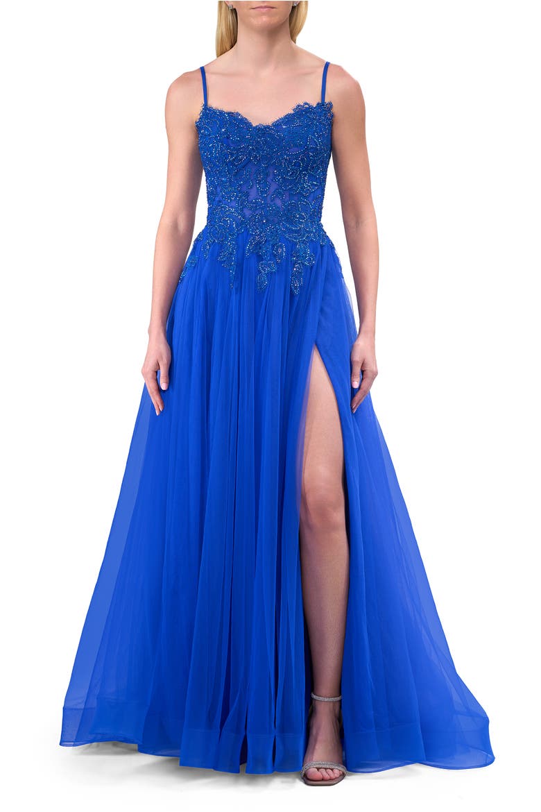Lace and Tulle A-line Prom Dress with High Slit, Alternate, color, Royal Blue