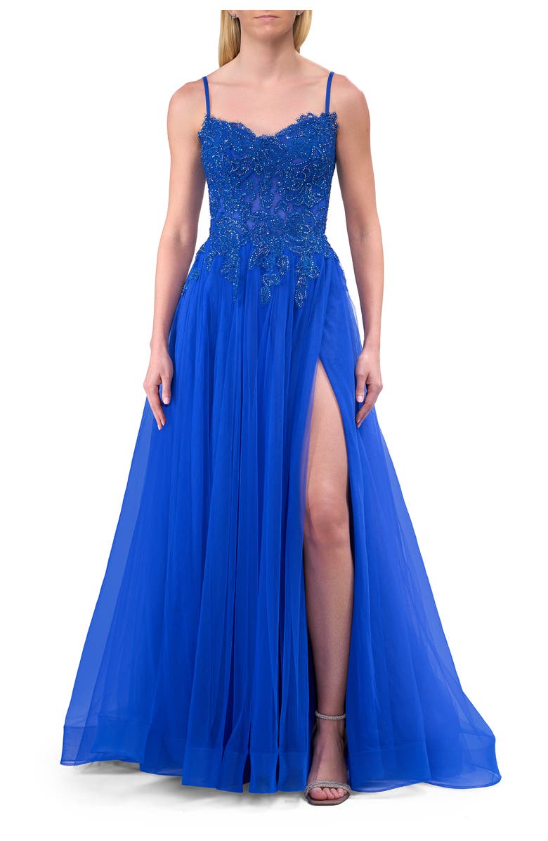 La Femme Lace and Tulle A-line Prom Dress with High Slit, Alternate, color, Royal Blue