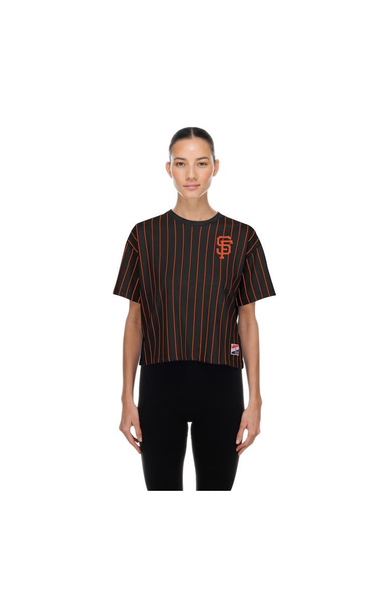 Women's New Era  Black San Francisco Giants Throwback Meshback Pinstripe Boxy T-Shirt, Main, color, Black