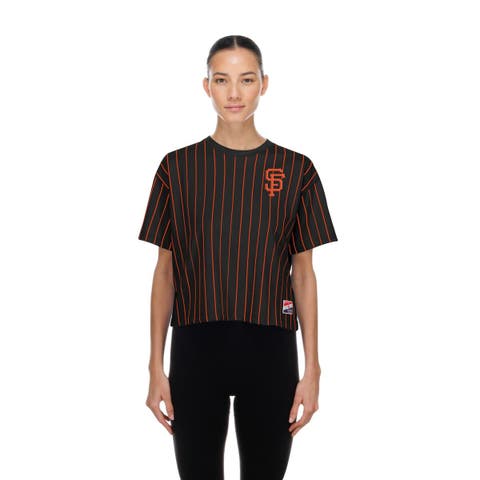 Women's New Era  Black San Francisco Giants Throwback Meshback Pinstripe Boxy T-Shirt
