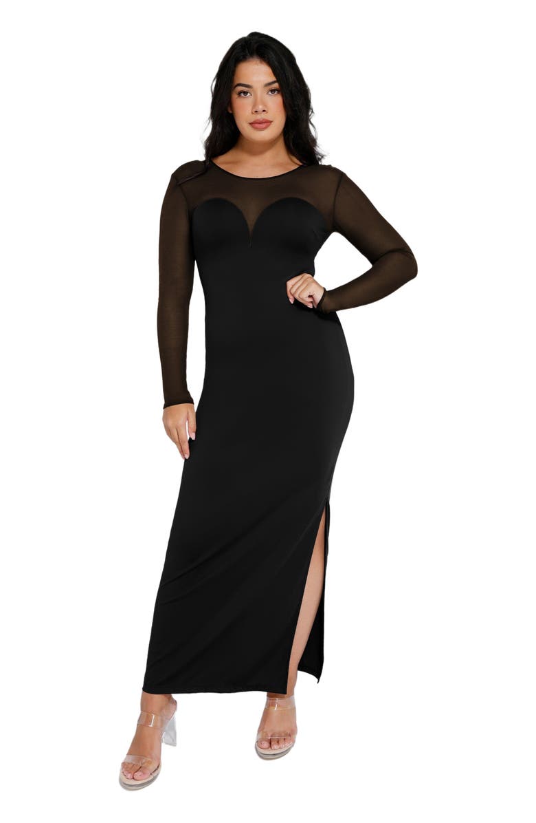 Popilush Shapewear Mesh Long Sleeve V-Back Slimming Maxi Dress, Alternate, color, 