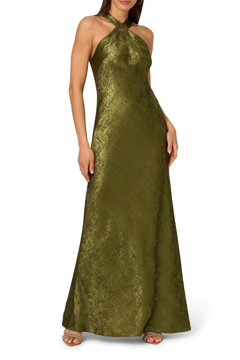 Foiled Trumpet Gown, Main, color, DARK OLIVE