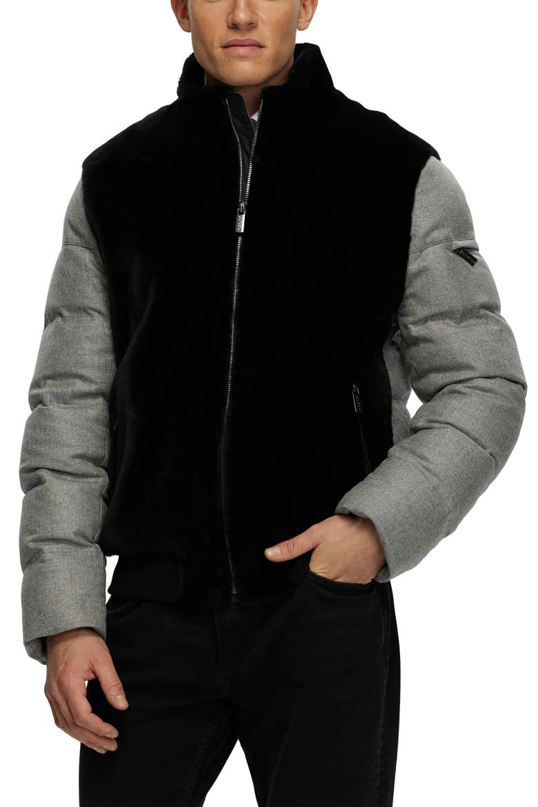 Mens Genuine Shearling Bomber Jacket with  Wool & Cashmere Quilted Down Sleeves And Back, Alternate, color, BLACK/GRAY