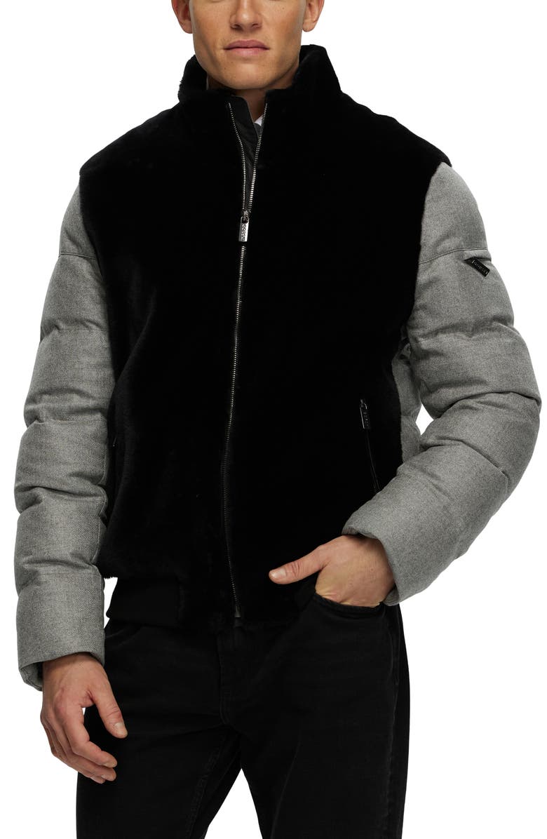 GORSKI Mens Genuine Shearling Bomber Jacket with  Wool & Cashmere Quilted Down Sleeves And Back, Alternate, color, Black/Gray