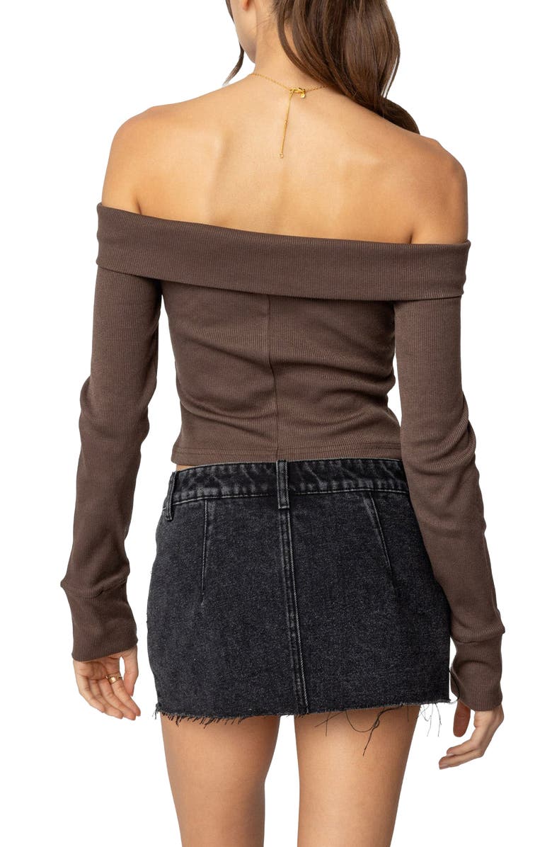 EDIKTED Clarissa Off the Shoulder Long Sleeve Rib Top, Alternate, color, Brown