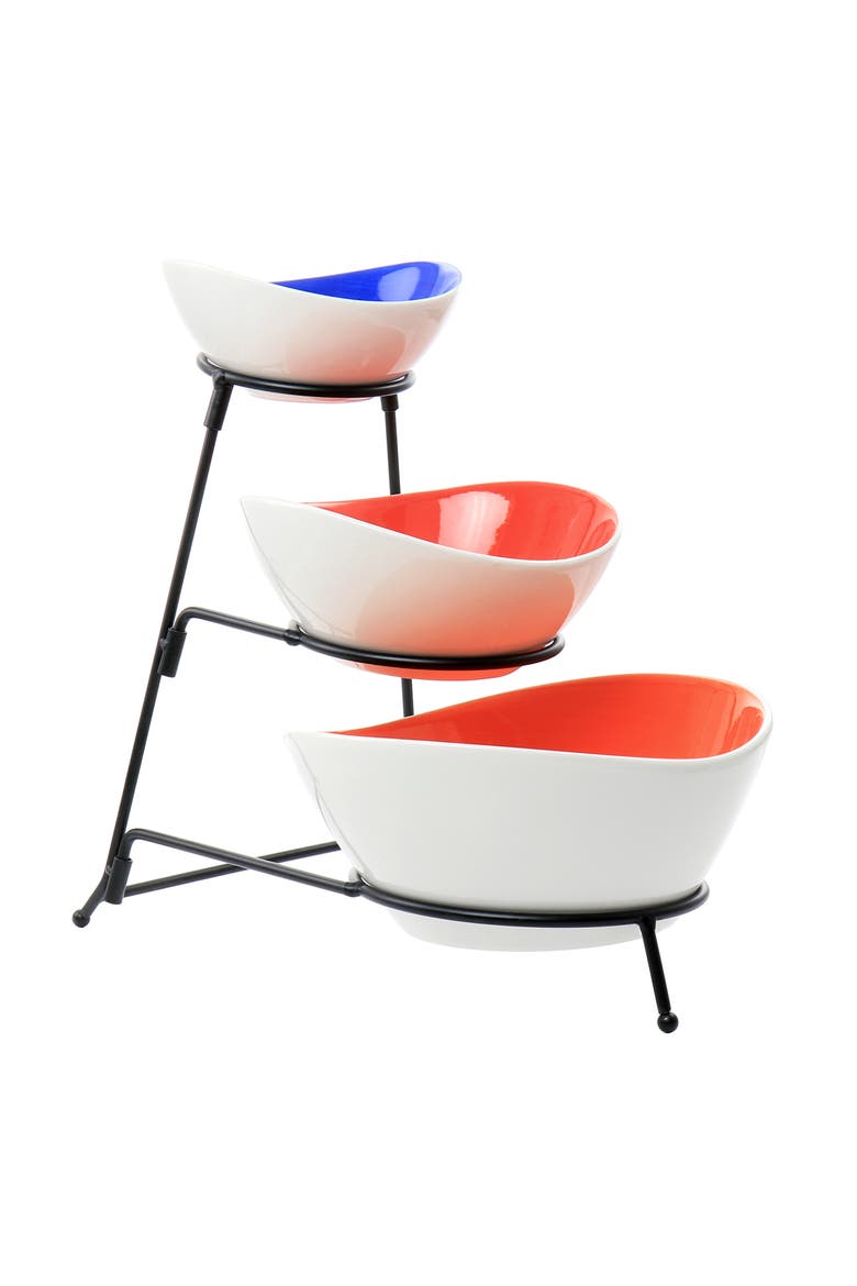 Crenshaw 4 Piece Hand Painted Stoneware 3-Tier Serving Bowl Set with Metal Rack, Main, color, Assorted