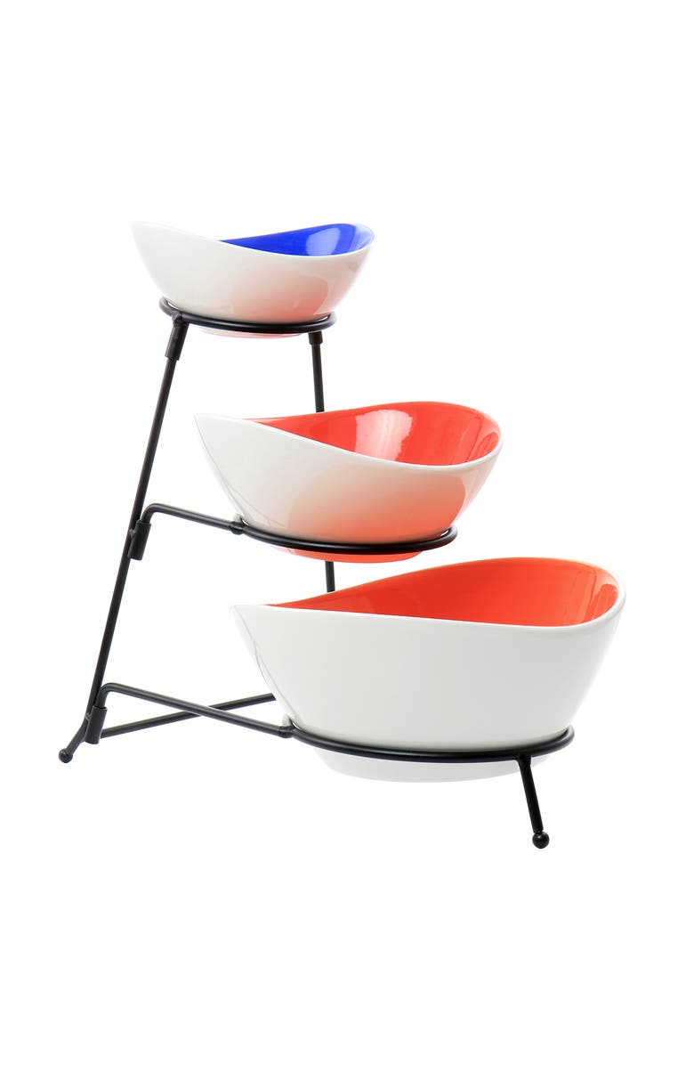 Gibson Home Crenshaw 4 Piece Hand Painted Stoneware 3-Tier Serving Bowl Set with Metal Rack, Main, color, Assorted