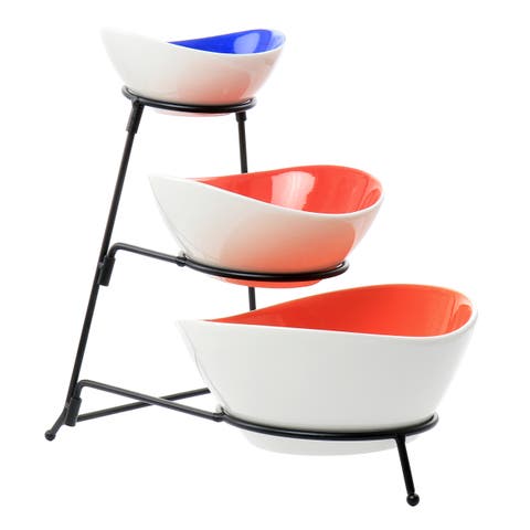Crenshaw 4 Piece Hand Painted Stoneware 3-Tier Serving Bowl Set with Metal Rack