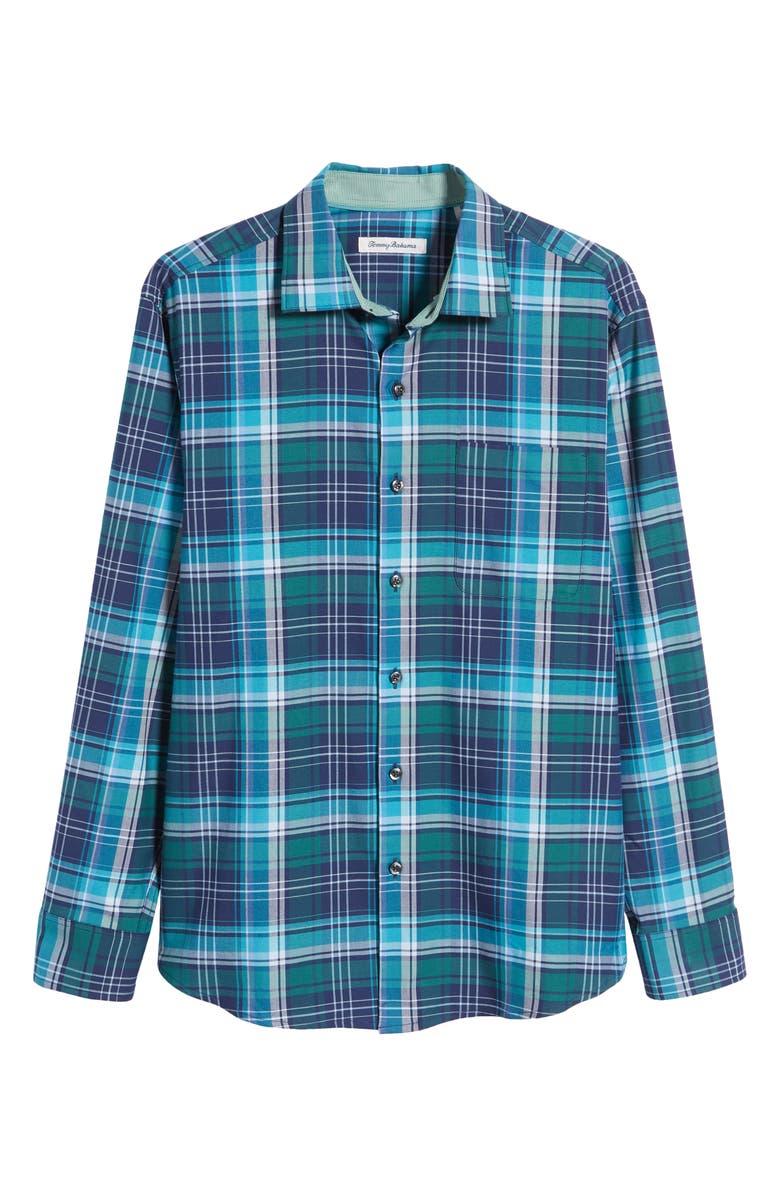 Tommy Bahama Lazlo Lux Soirée Plaid Stretch Cotton & Silk Button-Up Shirt, Alternate, color, Riviera Azure