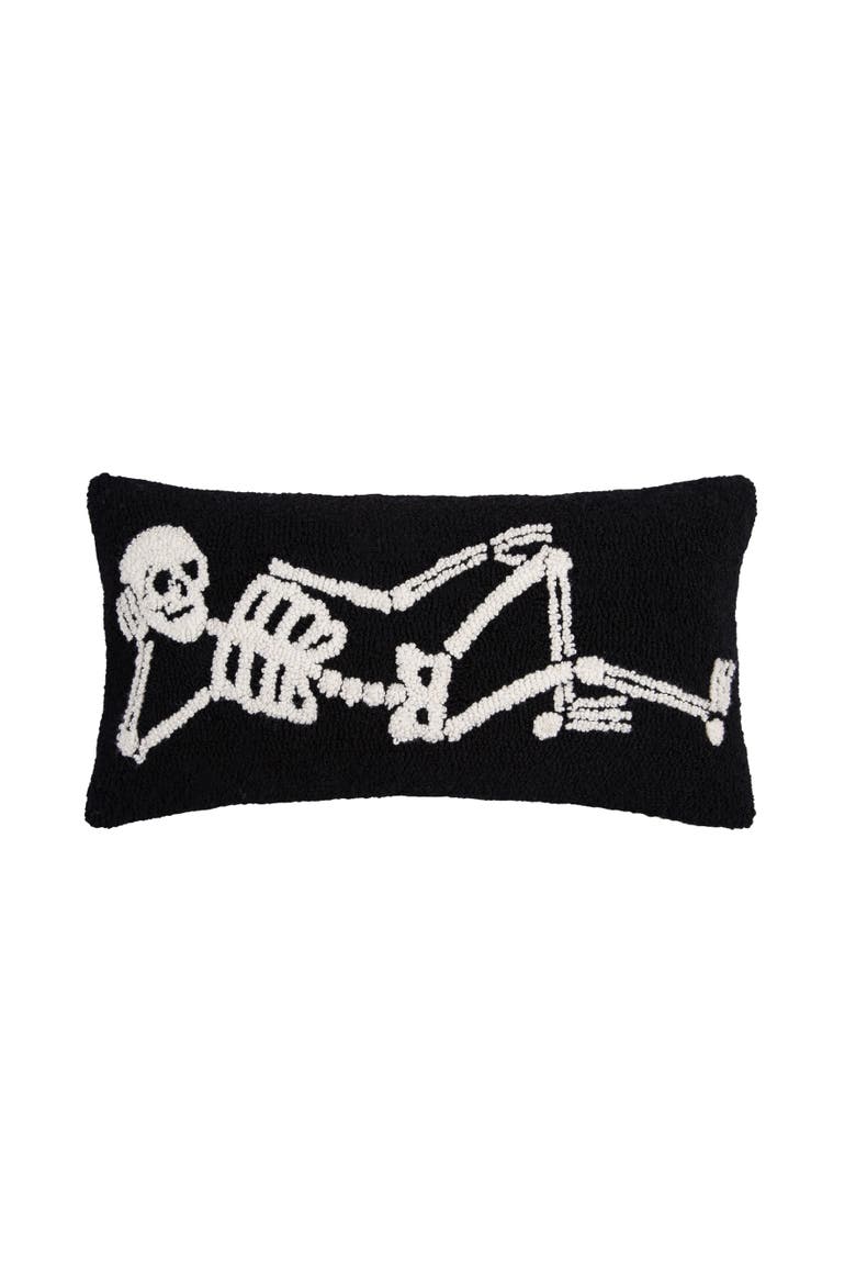 Relaxed Pose Skeleton Halloween Hooked Accent Pillow 12" x 24", Main, color, Black