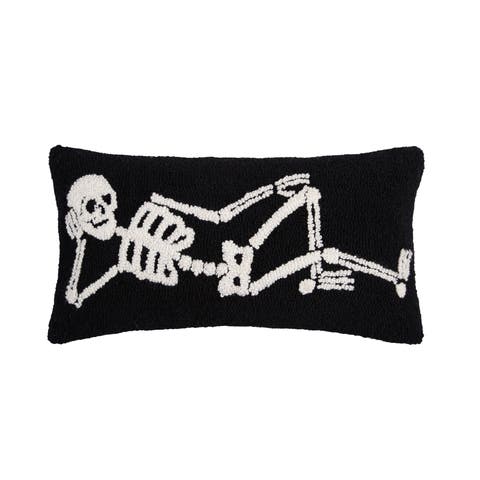 Relaxed Pose Skeleton Halloween Hooked Accent Pillow 12" x 24"