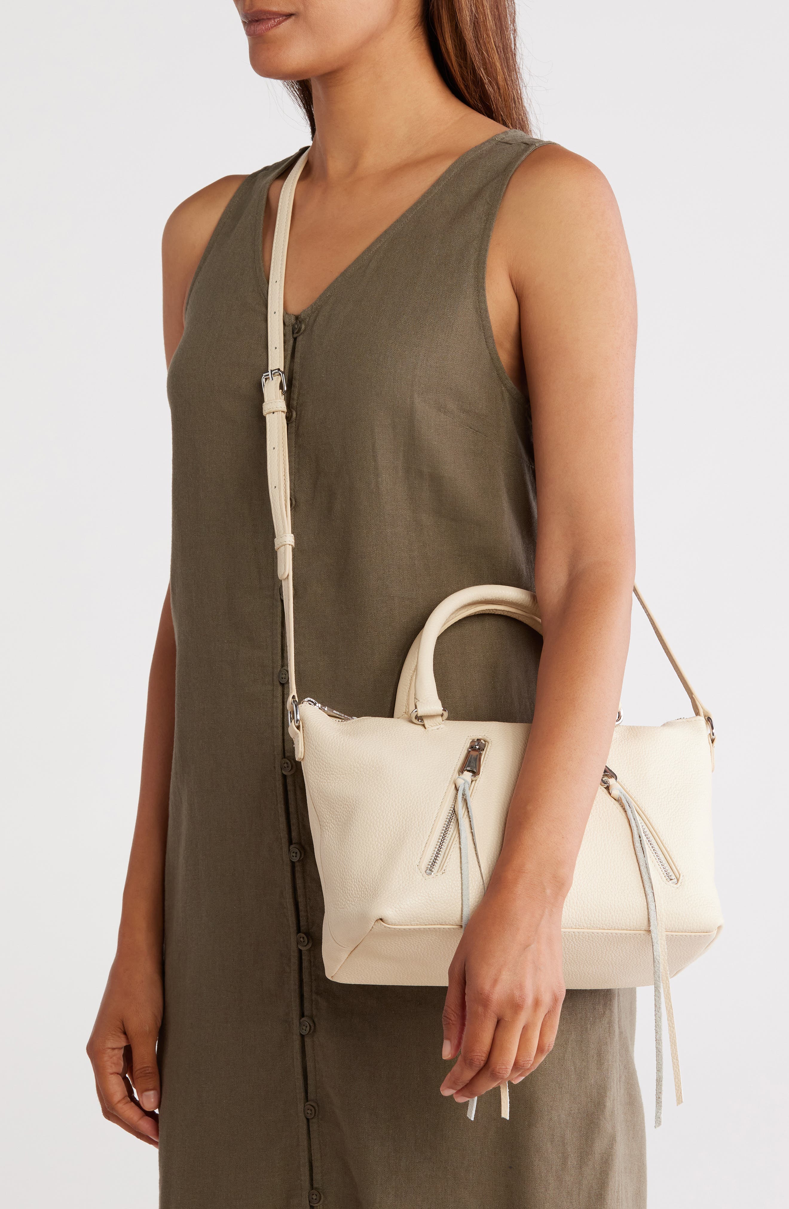 Rebecca Minkoff Moto Zip Leather Satchel, Alternate, color, Eggshell