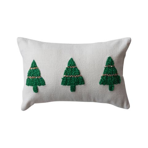 Cotton Slub Lumbar Pillow with Embroidered Christmas Trees and Beads, Natural and Green