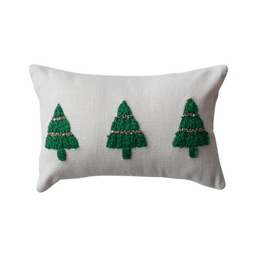 Storied Home Cotton Slub Lumbar Pillow With Embroidered Christmas Trees And Beads, Natural And Green In Green