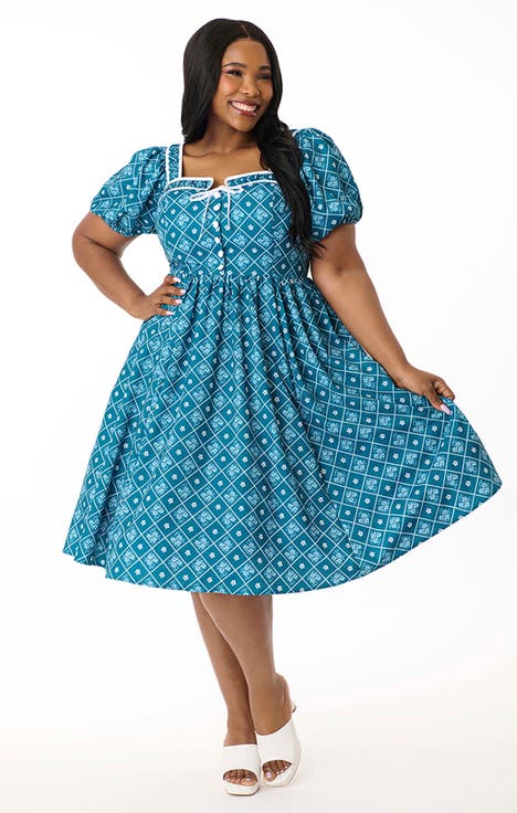 Plus Size 1940s Sweetheart Button Front Swing Dress
