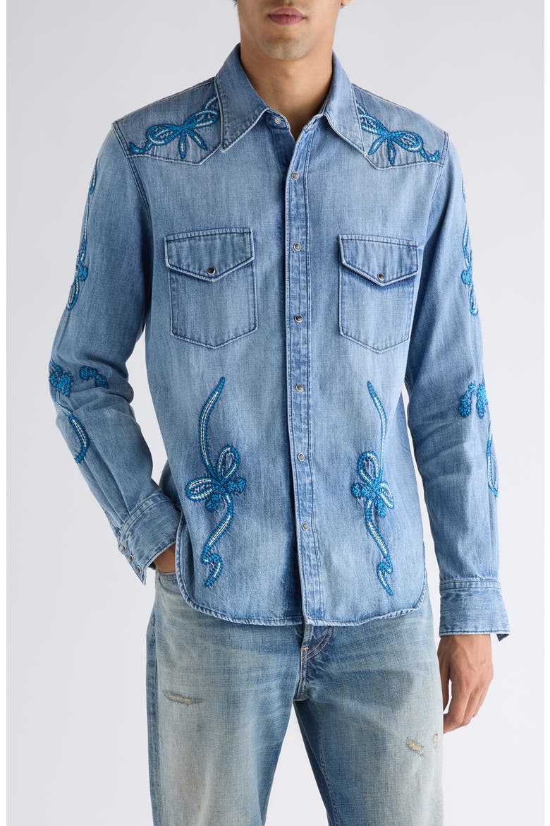 Surrow Embroidered Organic Cotton Denim Western Shirt, Main, color, BLUE/ BLUE