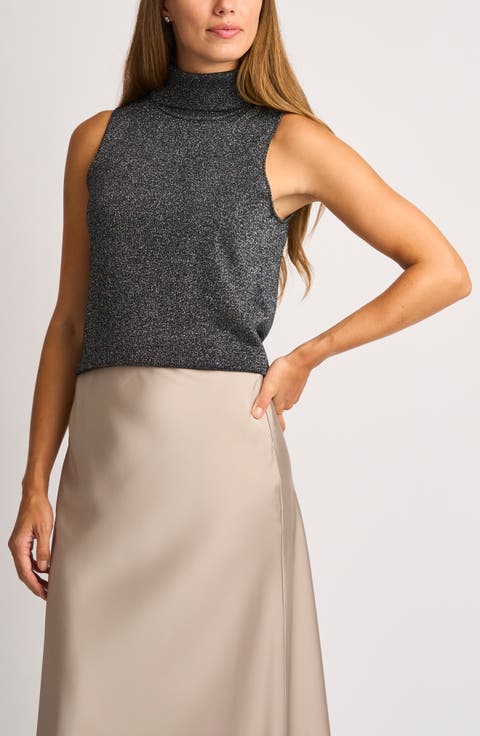 Metallic Sleeveless Turtleneck Sweater