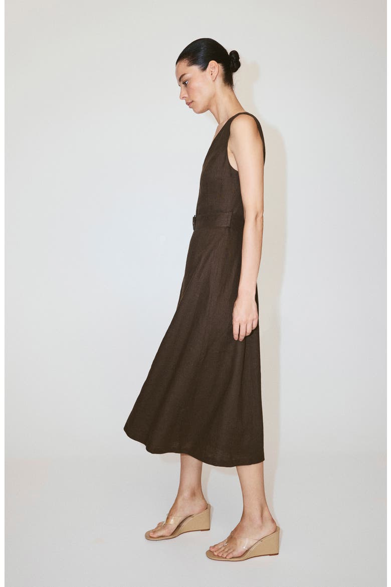 Belted Linen Midi Dress, Alternate, color, CHOCOLATE
