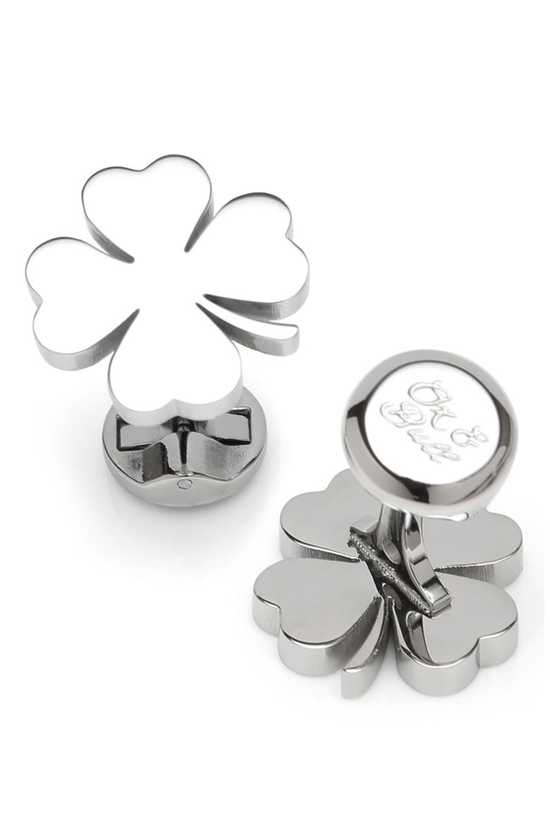 Four Leaf Clover Cuff Links, Main, color, SILVER