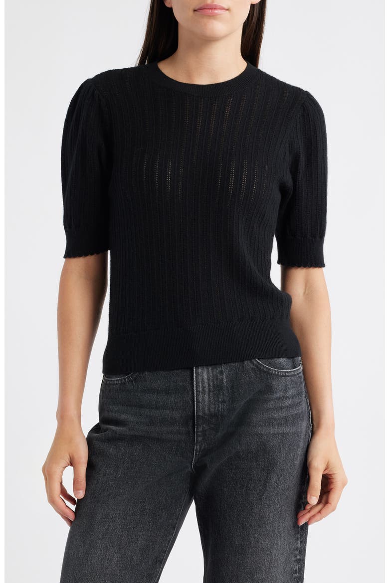 The Ladder Pointelle Short Sleeve Cashmere Sweater, Main, color, BLACK