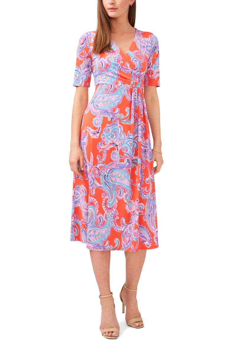 Faux Wrap Midi Dress, Main, color, NEON REEF