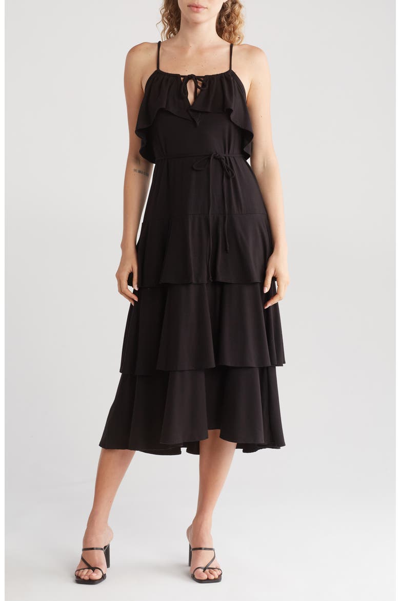Ruffle Tiered Midi Slipdress, Main, color, BLACK