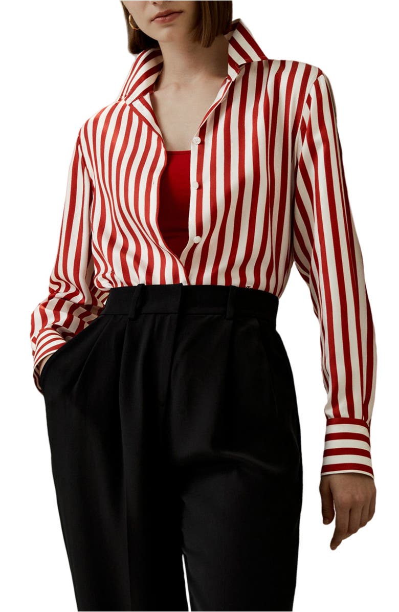 Lilysilk Women's Classic Striped Silk Shirt, Main, color, Red White Pinstripes