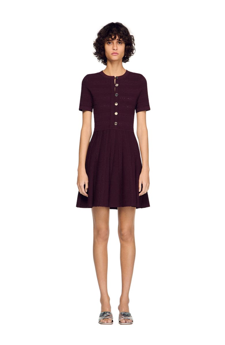 SANDRO Floral print knit short dress, Main, color, Brown