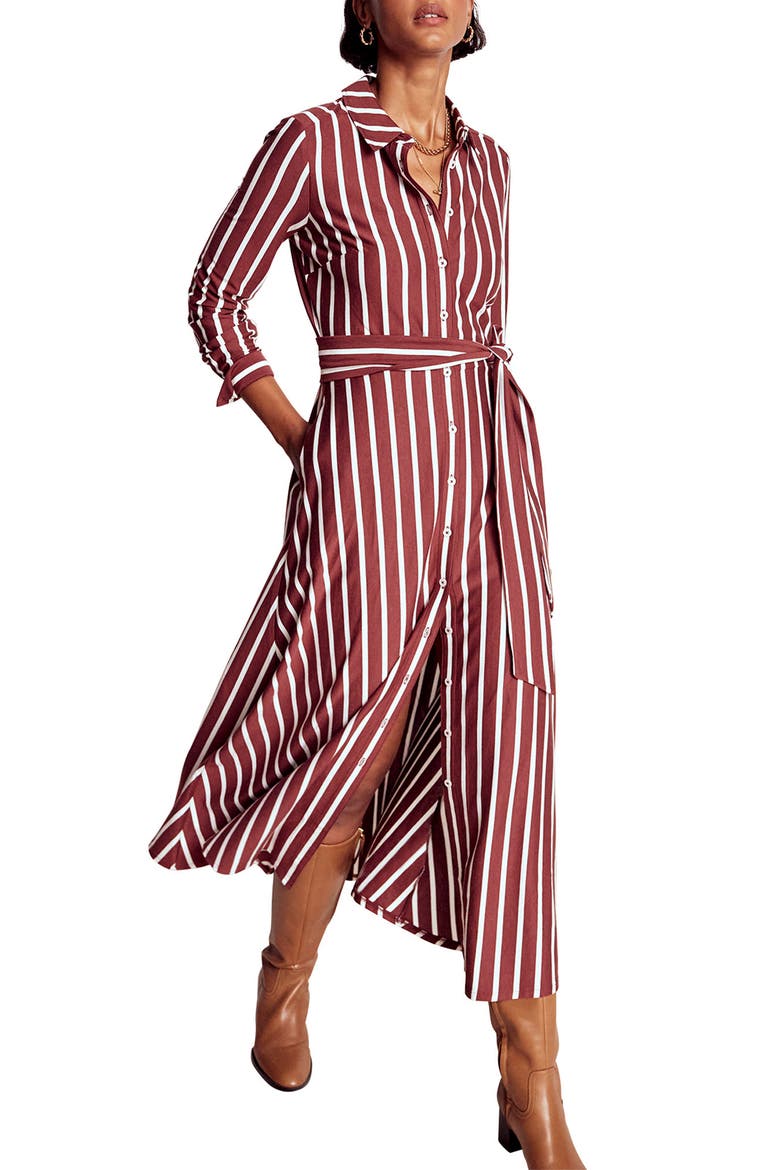 Marcia Stripe Long Sleeve Cotton Blend Jersey Shirtdress, Main, color, CHESTNUT AND IVORY STRIPE