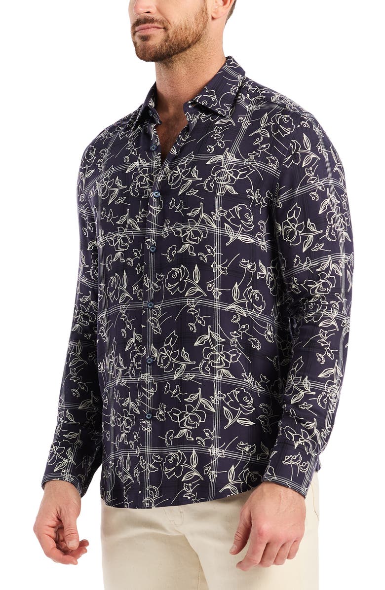 Robert Graham Essex Floral Button-Up Shirt, Alternate, color, Navy