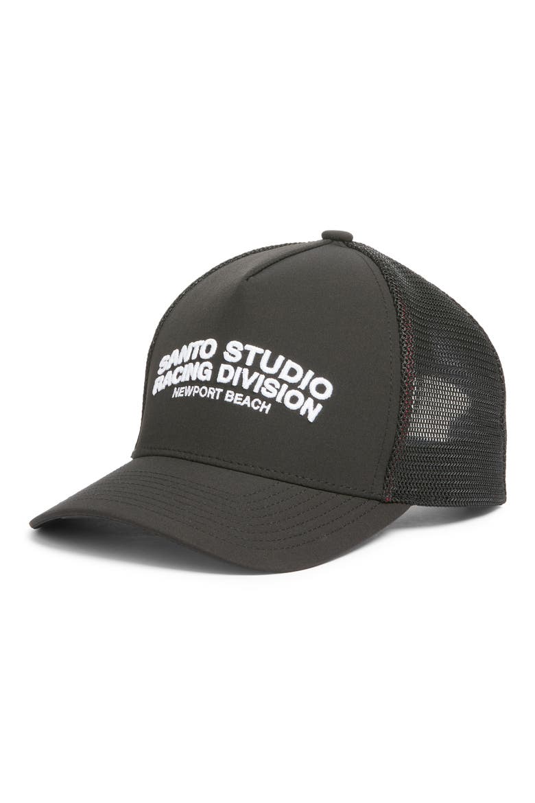 Racing Six-Panel Twill Snapback Trucker Hat, Main, color, BLACK