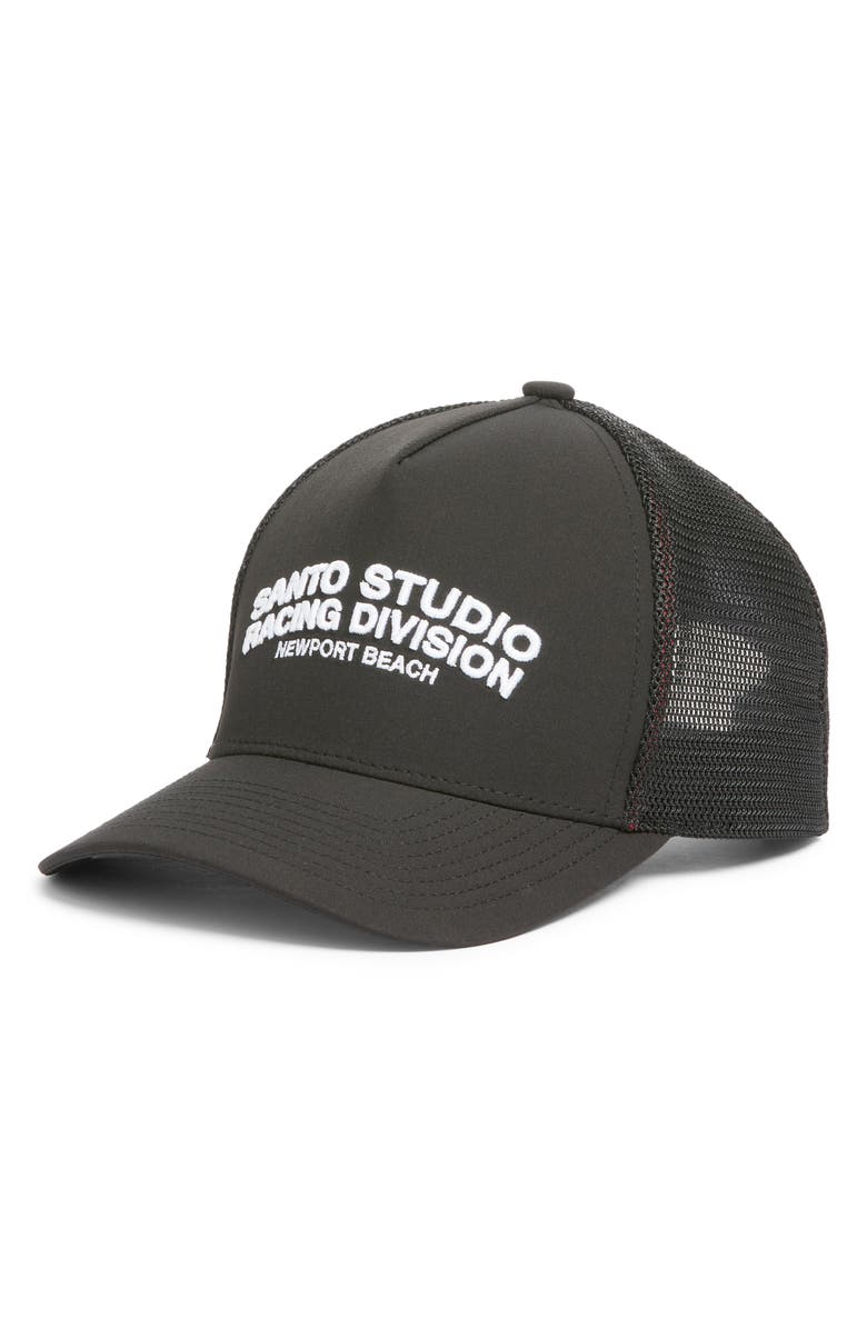 SANTO STUDIO Racing Six-Panel Twill Snapback Trucker Hat, Main, color, Black