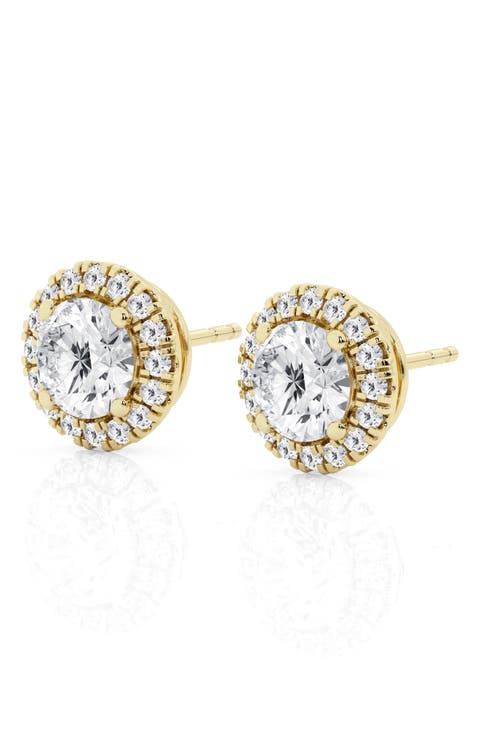 14K Gold Round Cut Lab-Created Diamond Halo Stud Earrings - 2.4ct