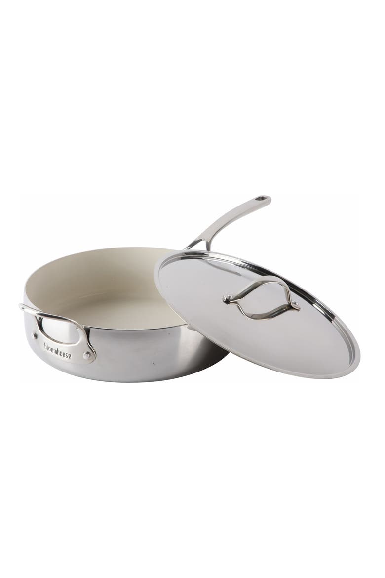 6 QT Tri Ply Stainless Steel Premium PFA Free Ceramic Nonstick Saute/Deep Frying Pan Skillet with Lid, Main, color, Stainless Steel