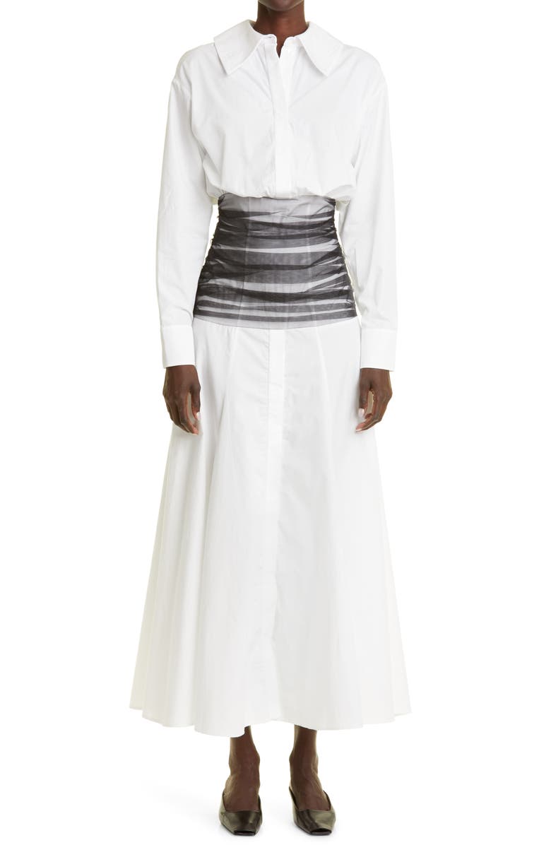 renaissance renaissance Drew Tulle Waist Long Sleeve Cotton Poplin Shirtdress, Main, color,