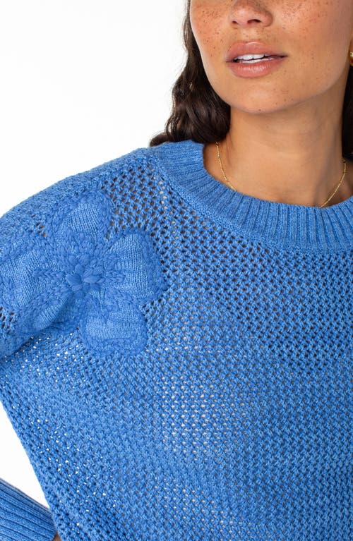 Roxy Leia Floral Embroidered Open Stitch Linen Blend Sweater In Riviera Solid