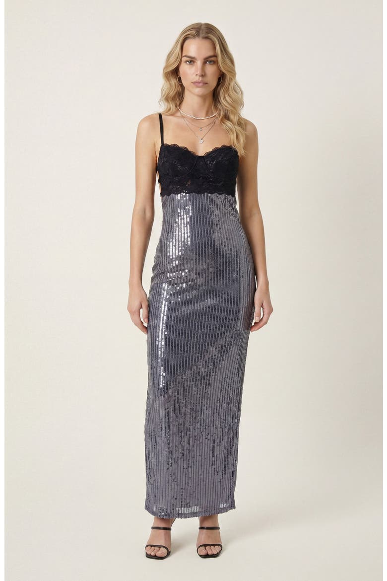 Lace Bustier Open Back Sequin Maxi Dress, Main, color, Silver / Black