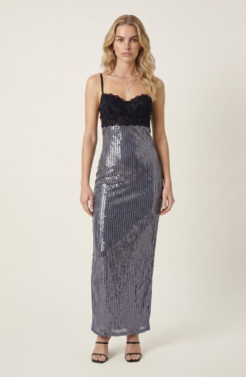 Lace Bustier Open Back Sequin Maxi Dress