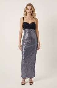 Modenaire Lace Bustier Open Back Sequin Maxi Dress