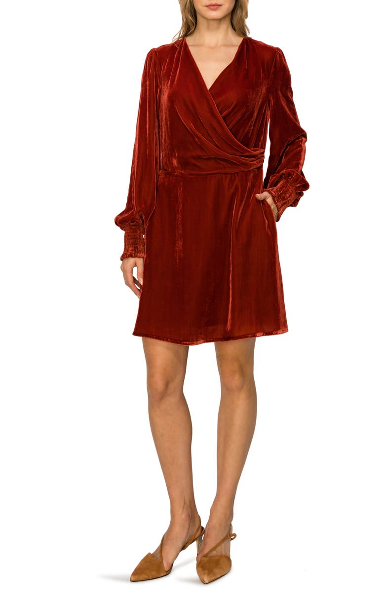 MELLODAY Long Sleeve Velvet Faux Wrap Dress, Main, color, 