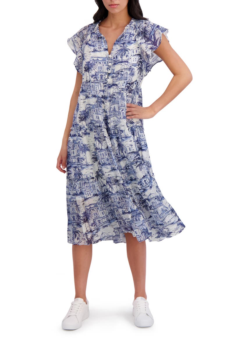 Flutter Sleeve Babydoll Dress, Main, color, WHITE/ DENIM