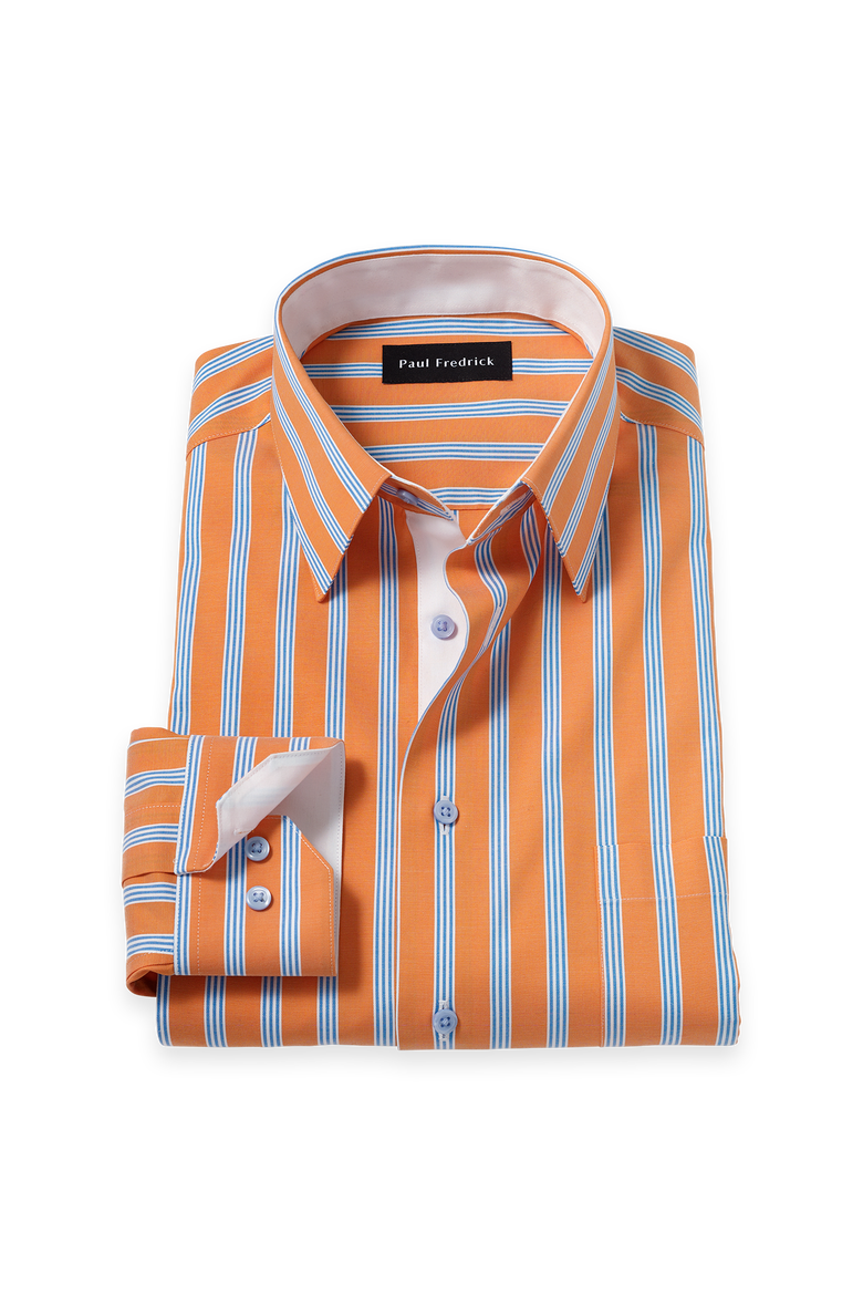 Cotton Spandex Point Collar Pinpoint Classic Contrast Trim Button Cuff Long Sleeve, Main, color, Melon/Blue