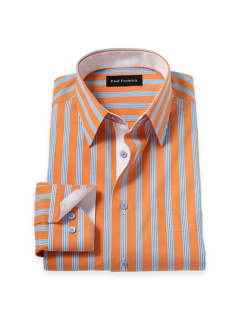 Cotton Spandex Point Collar Pinpoint Classic Contrast Trim Button Cuff Long Sleeve