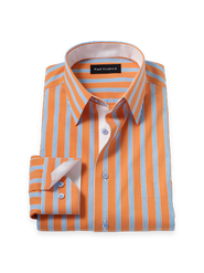 Paul Fredrick Cotton Spandex Point Collar Pinpoint Classic Contrast Trim Button Cuff Long Sleeve