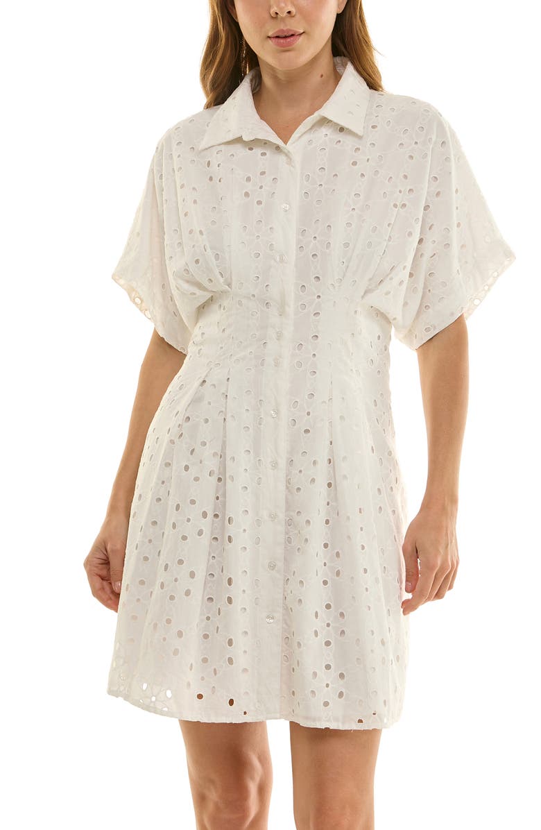 Nicole Miller Cotton Broderie Anglaise Mini Shirtdress, Alternate, color, Brilliant White