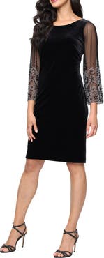Alex Evenings Embellished Sheer Sleeve Stretch Velvet Sheath Dress