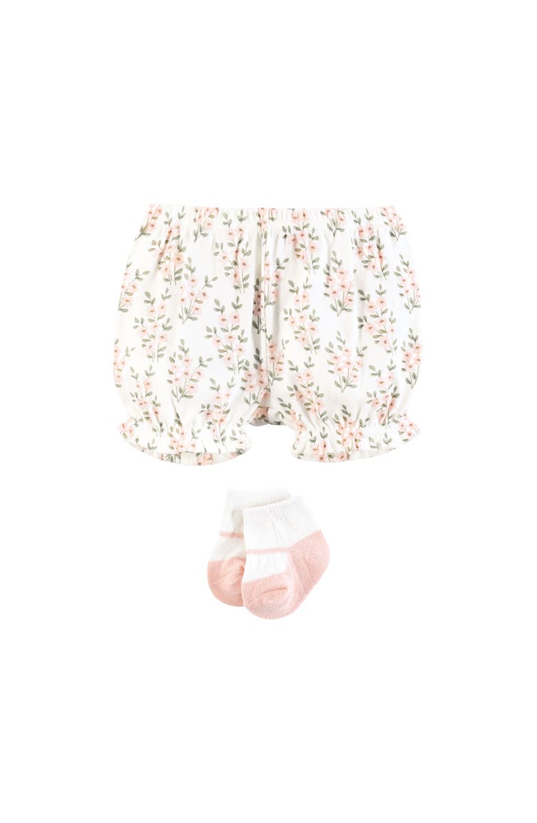 Hudson Baby Coordinated Bodysuit Outfit with Shorts and Socks, Alternate, color, Pink Sage Floral