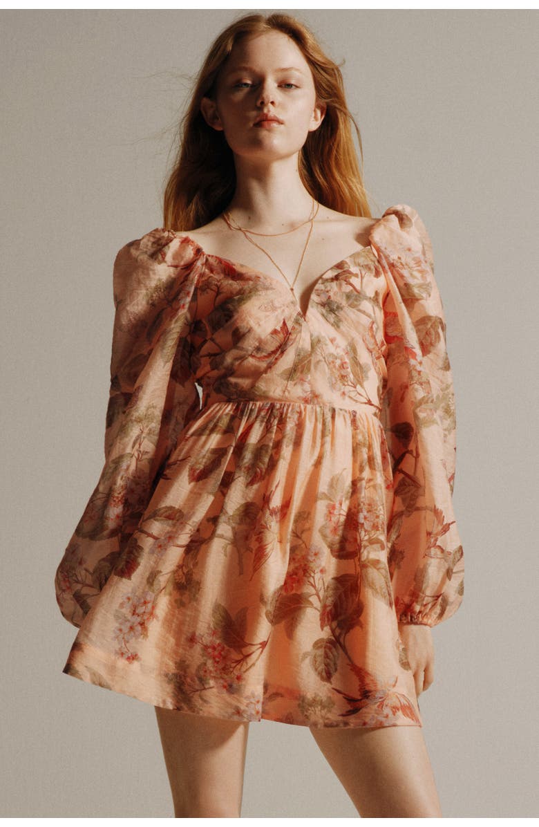 H&M Tie-detail Puff-sleeved Dress, Alternate, color, Peach Pink/Floral