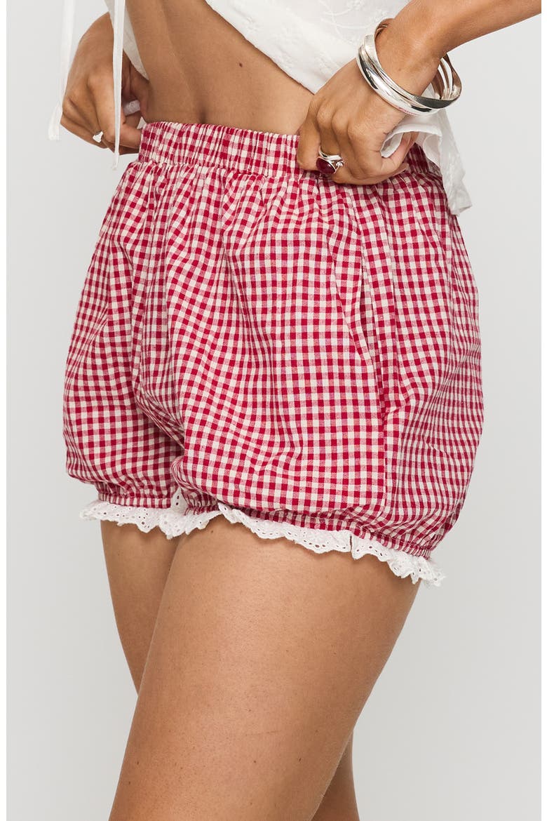 Bruncheon Check Lace Trim Shorts, Alternate, color, RED/ WHITE